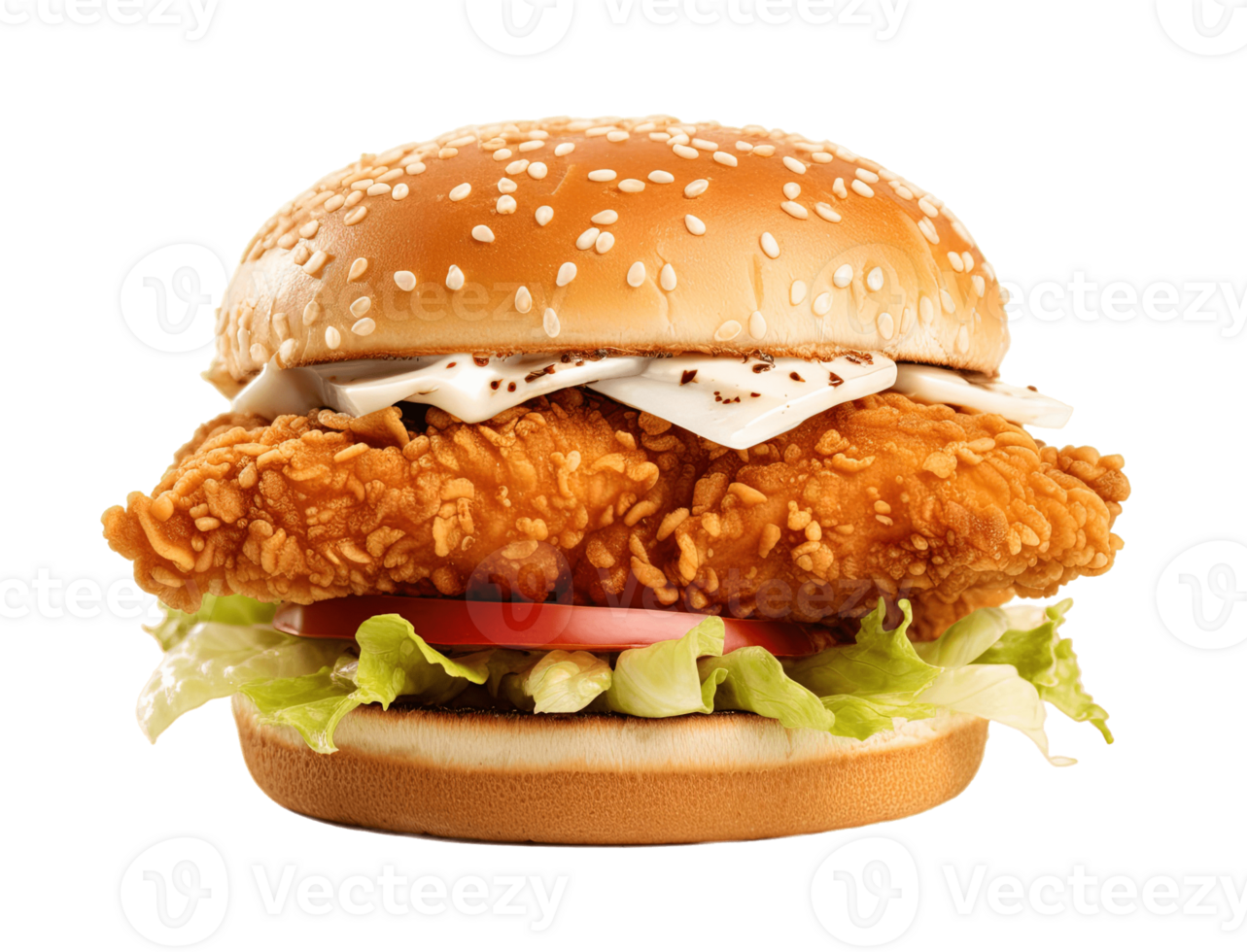 Fried chicken burger isolated on transparent background. PNG file, cut out. AI Generated