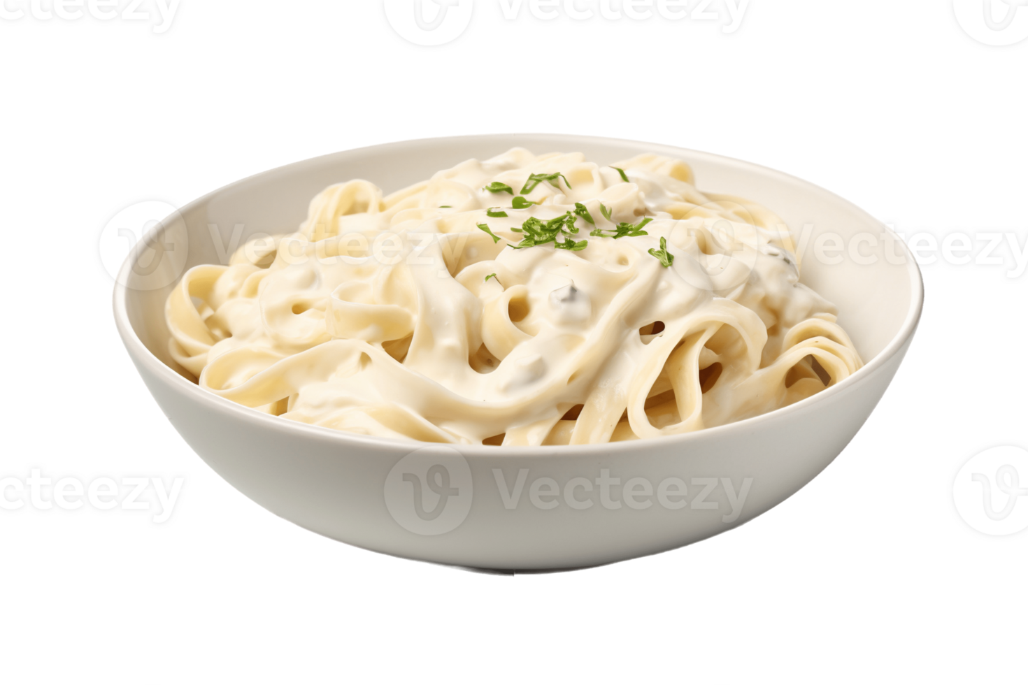 Bowl of fettucini alfredo with garnish isolated on transparent background. PNG file, cut out. AI Generated
