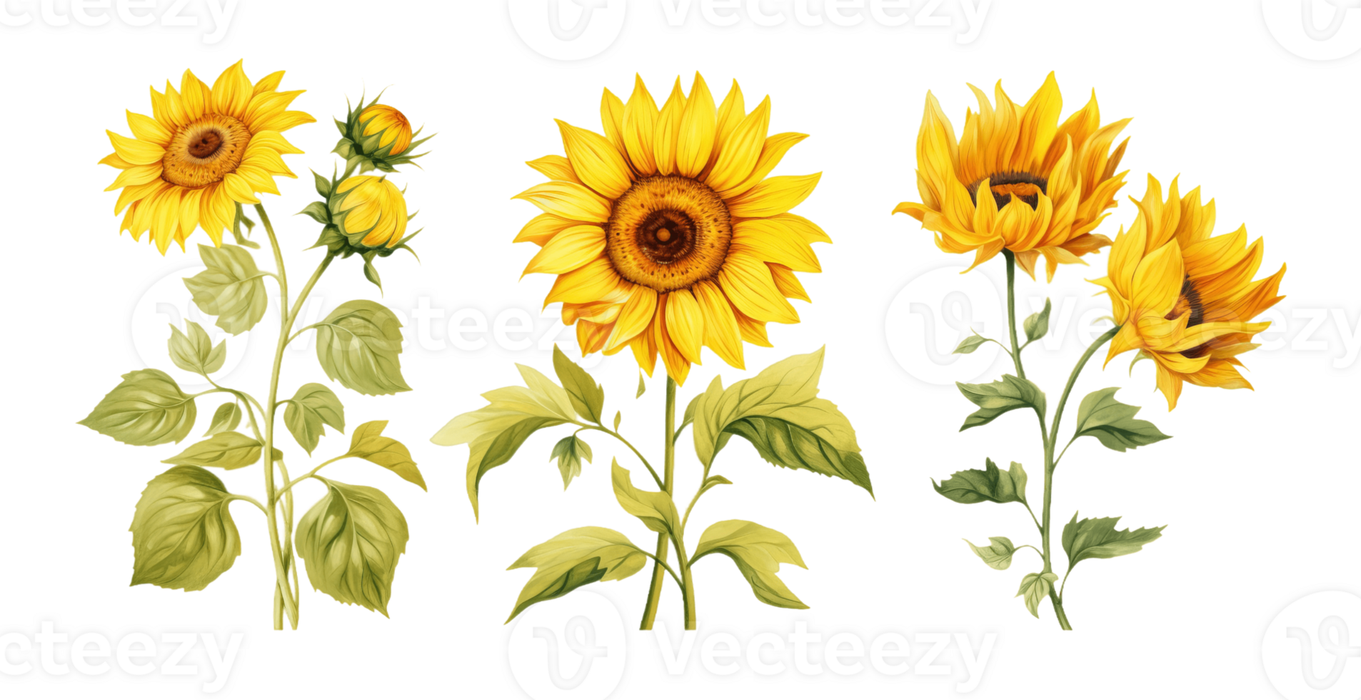 Sunflowers flowers collection isolated on transparent background. PNG file, cut out. AI Generated