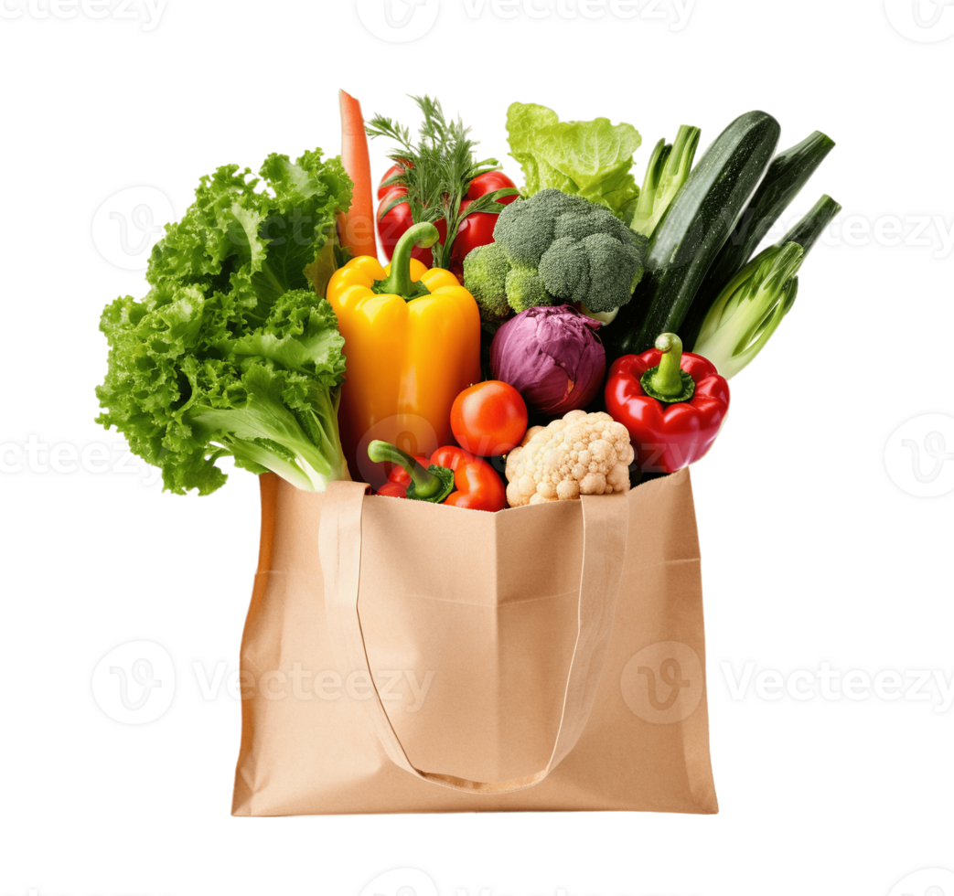 papier sac avec des légumes isolé sur transparent Contexte. png déposer, Couper dehors. ai généré