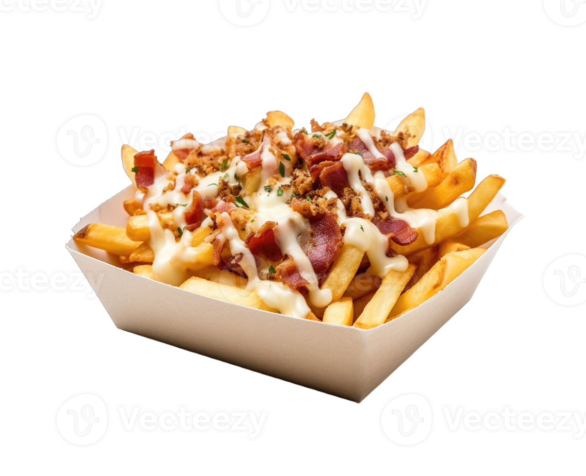 French fries with cheese and bacon isolated on transparent background. PNG file, cut out. AI Generated