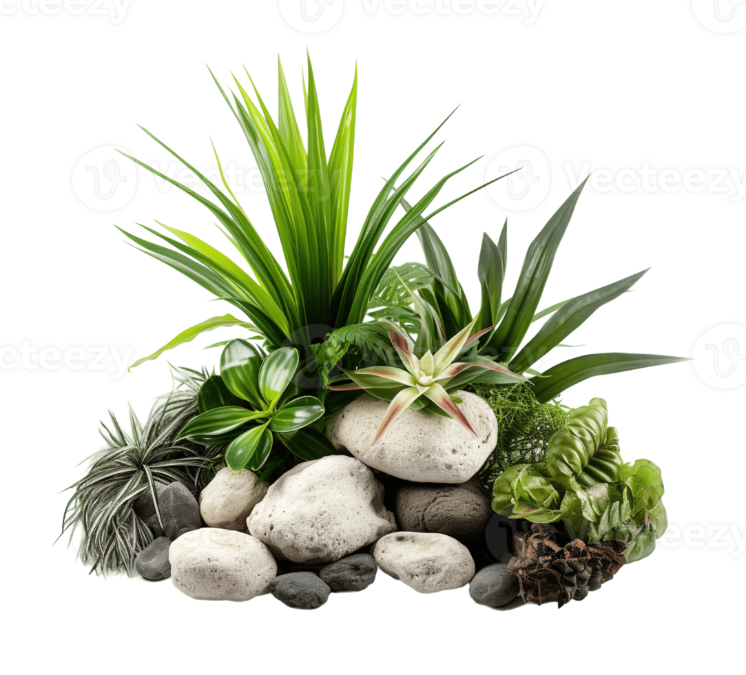 Tropical bush with decorative stones, floral arrangement in garden's natural design isolated on transparent background. PNG file, cut out. AI Generated