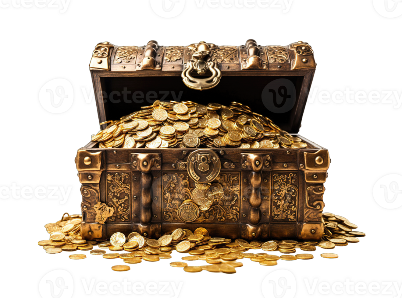 Open treasure chest full of gold coins isolated on transparent background. PNG file, cut out. AI Generated