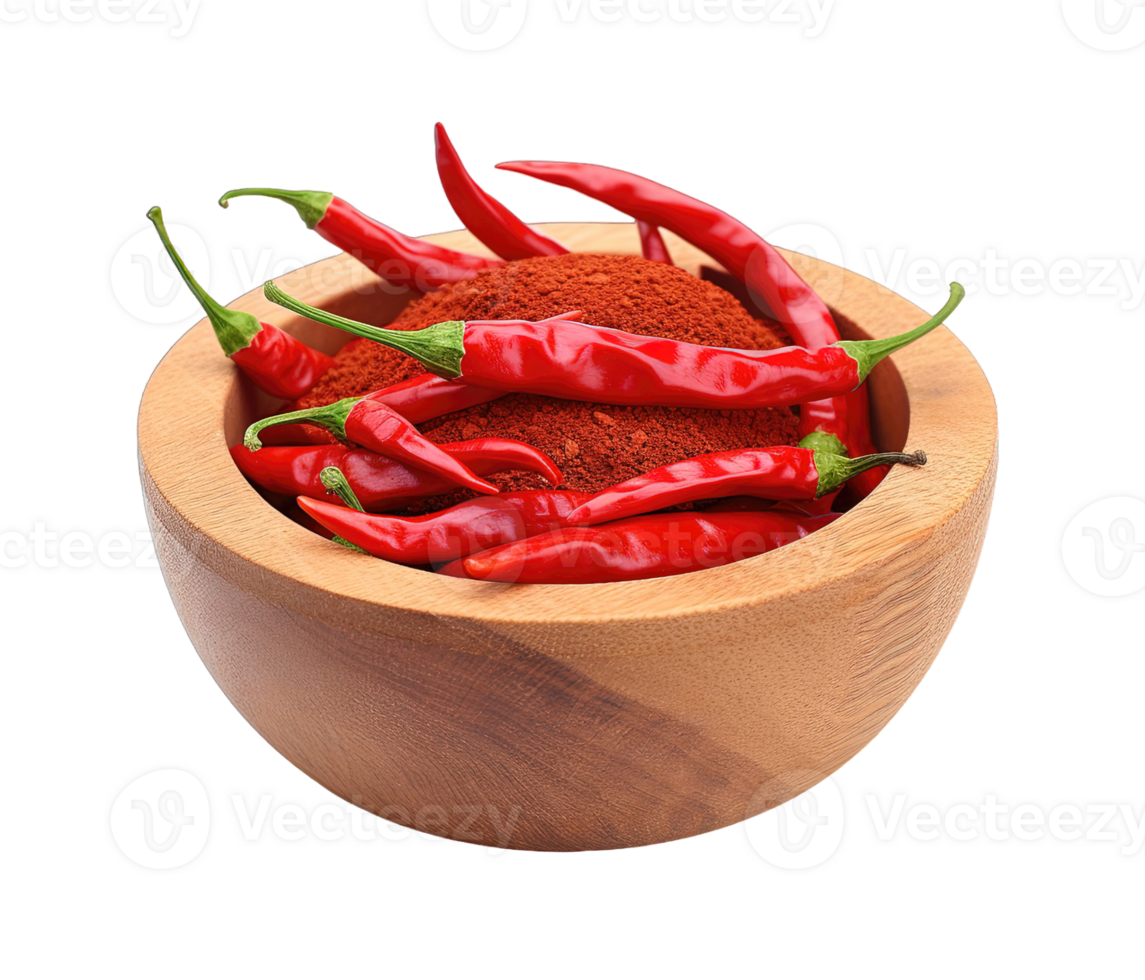 Cayenne pepper in wood bowl isolated on transparent background. PNG file, cut out. AI Generated