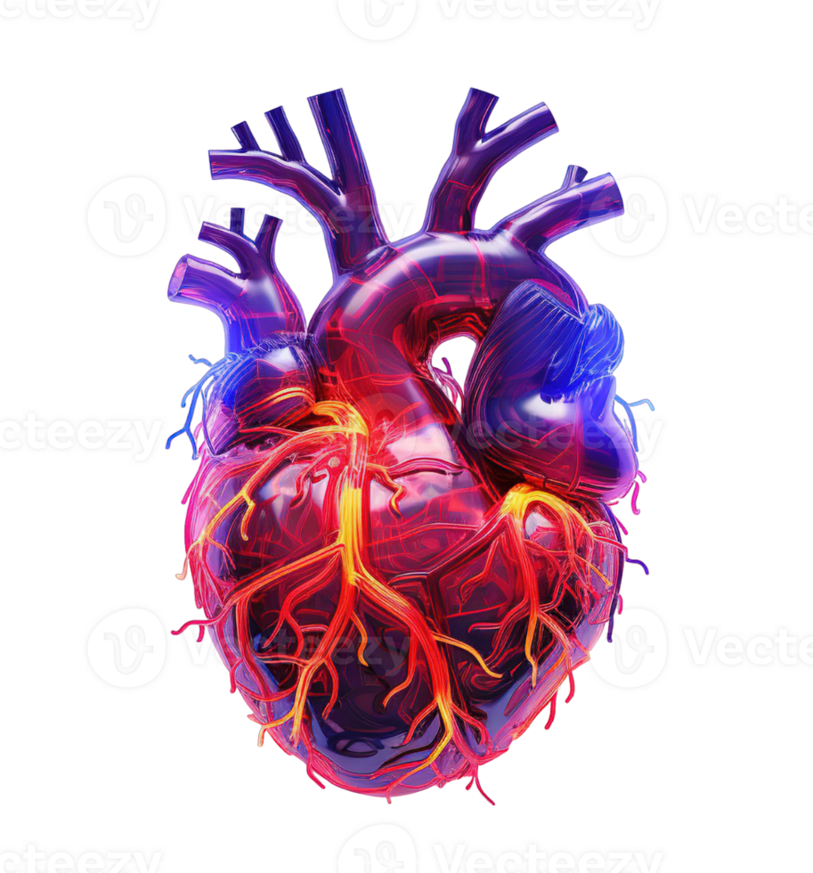 3d Neon Human Heart isolated on transparent background. PNG file, cut out. AI Generated