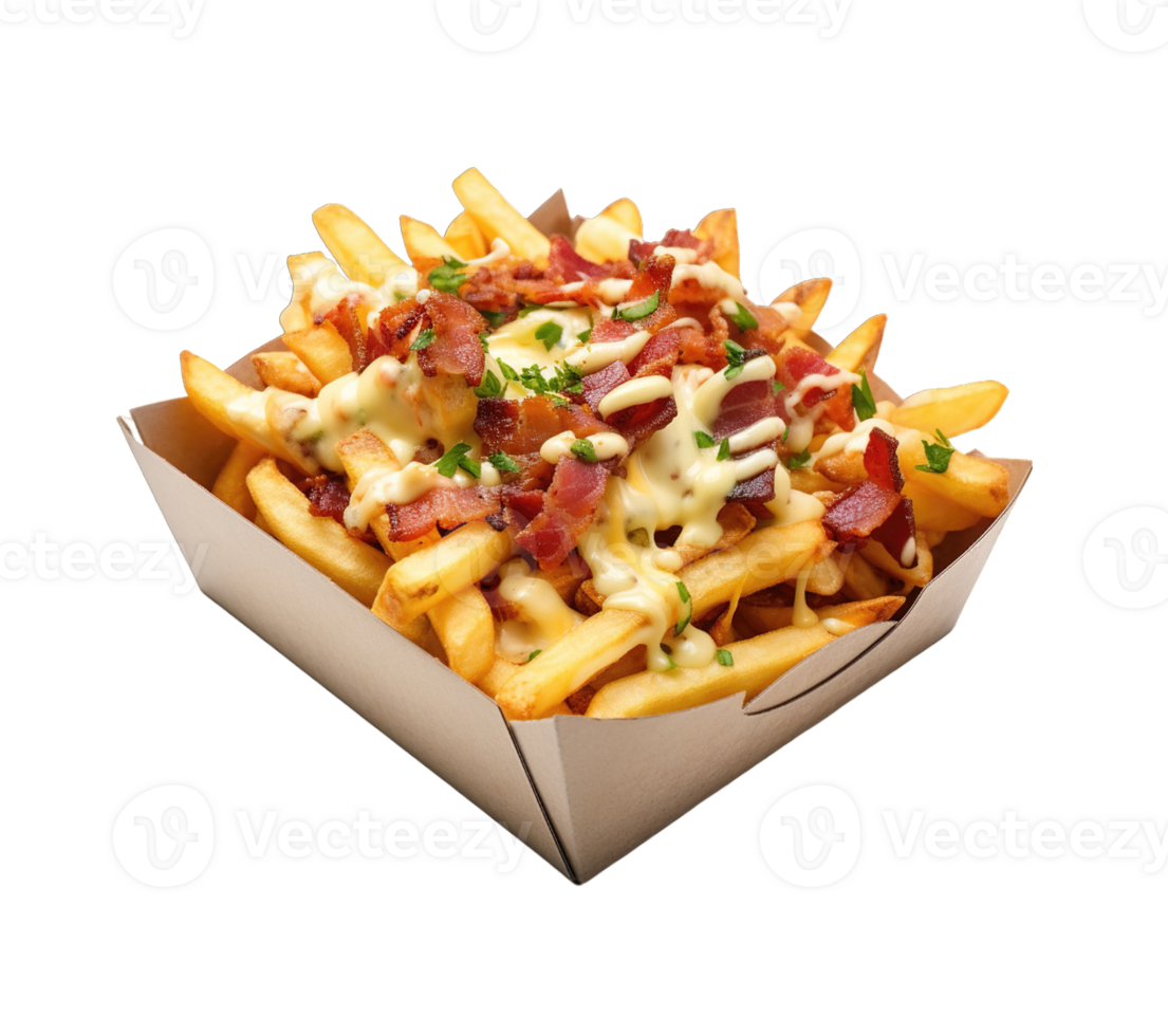 French fries with cheese and bacon isolated on transparent background. PNG file, cut out. AI Generated