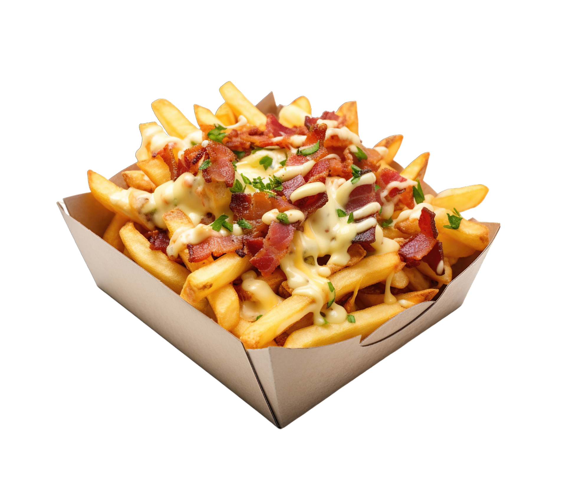 French fries with cheese and bacon isolated on transparent background