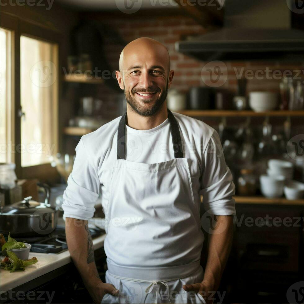 Young hairless man smiling chef in a kitchen environment, AI Generative photo