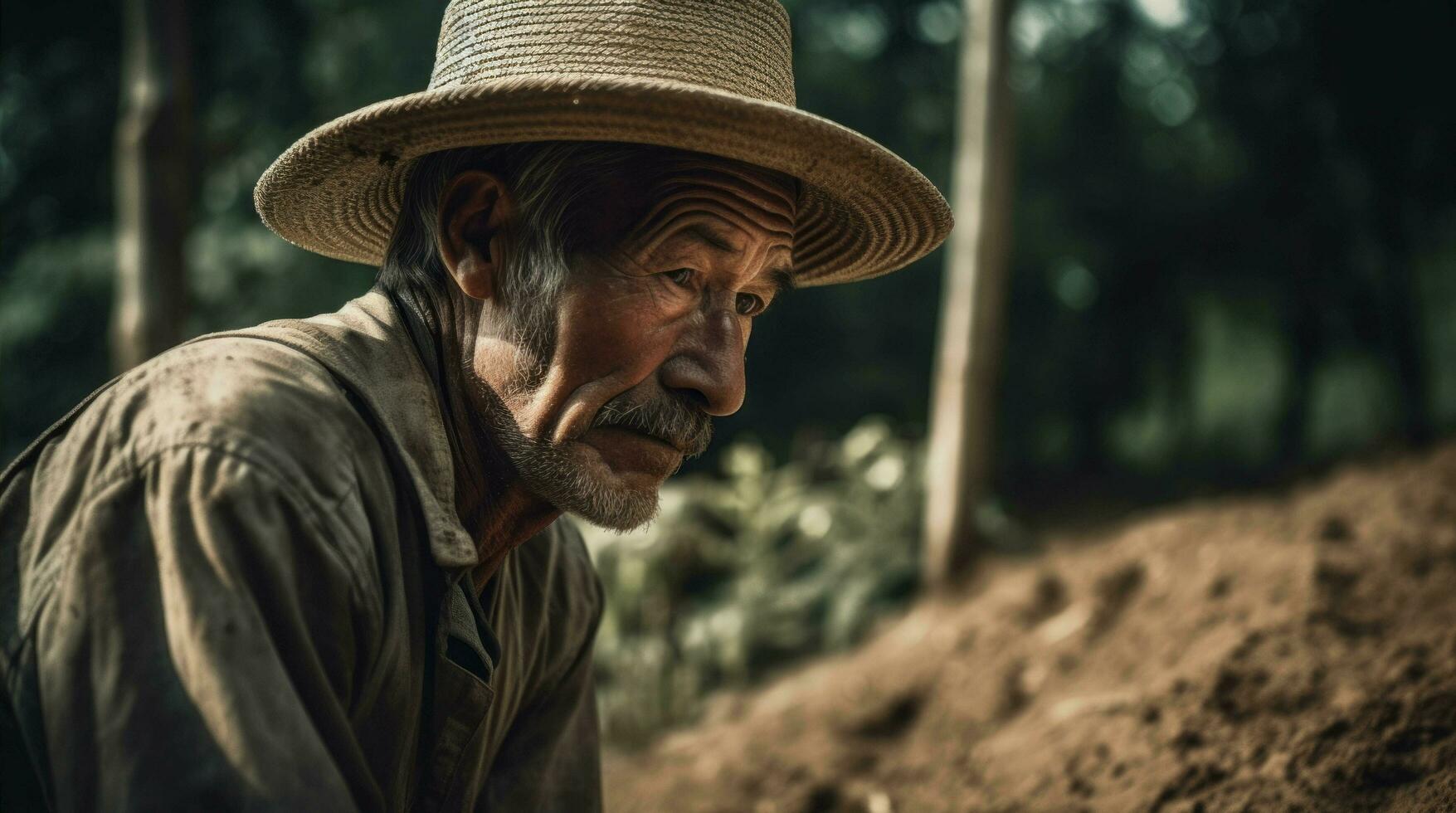 un antiguo granjero cuidadosamente trabajando en el campo, ai generativo foto