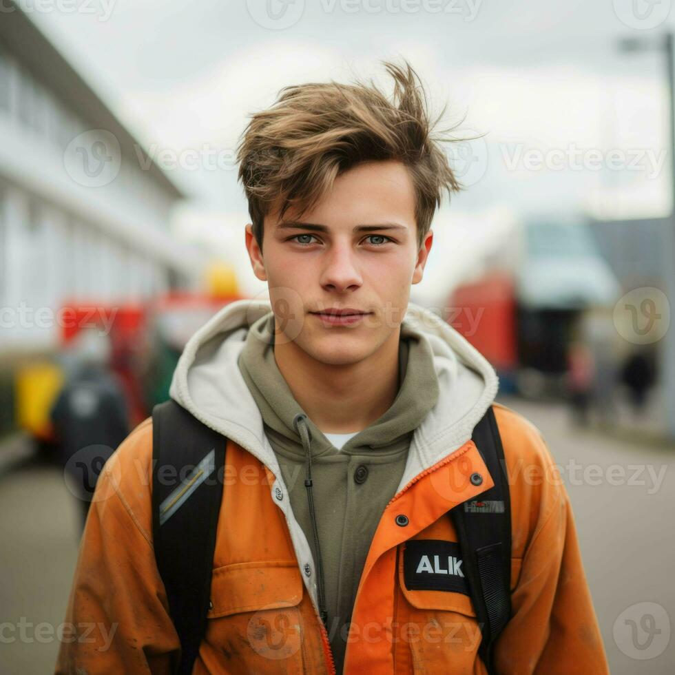 18 año antiguo masculino mirando para un carrera en construcción, ai generativo foto