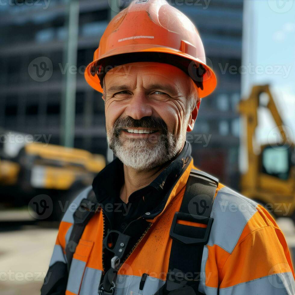 Image of a construction worker on the background of construction equipment, AI Generative photo