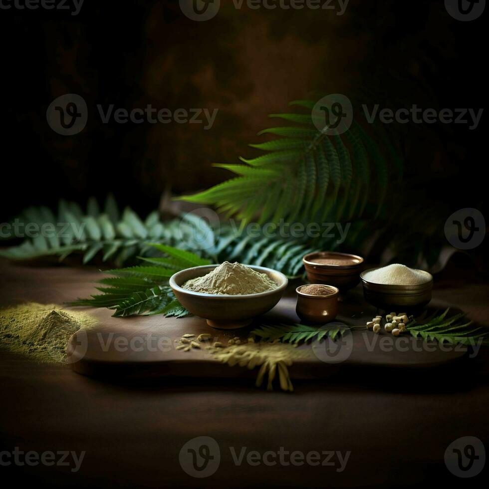 Ayurvedic background with neem plant and powder, AI Generative photo