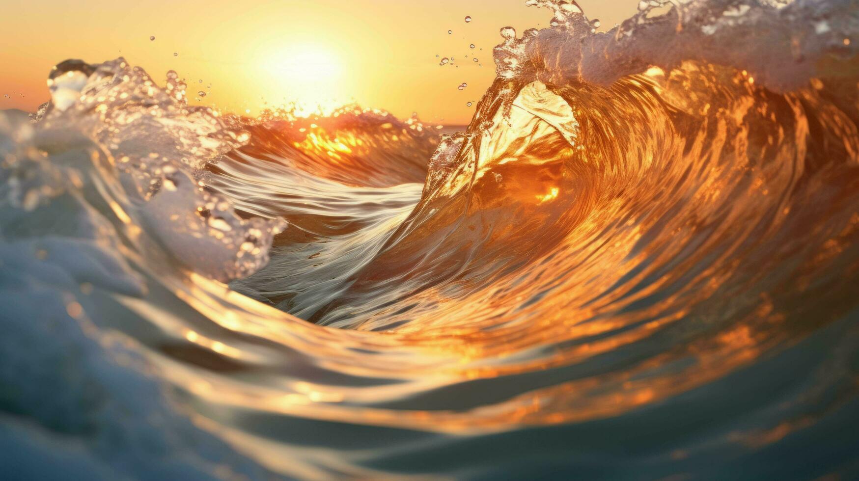 Powerful wave crashes forward in a breathtaking closeup with sun in background wallpaper, AI Generative photo
