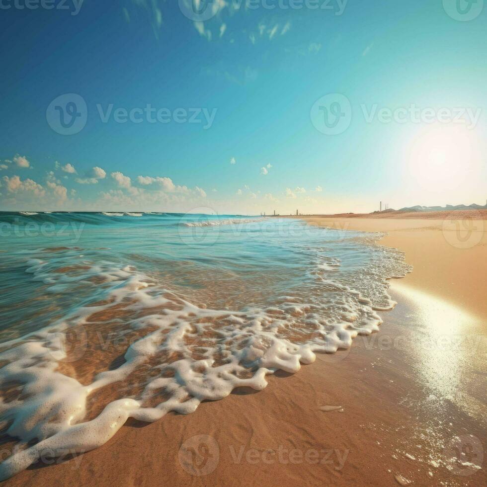 A beautiful beach with the sun shining and the waves lapping the sand, AI Generative photo