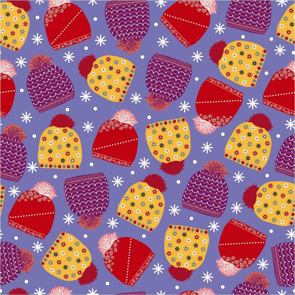 Red, violet and yellow knitted winter hat. Simple and festive seamless pattern vector