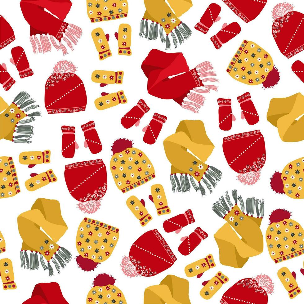 Seamless pattern with Winter clothes. Scarf, Hat, Mittens and on the white background. Flat style. Red and yellow vector