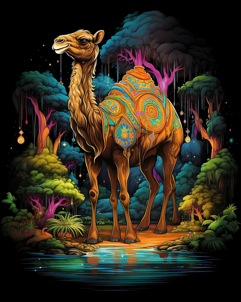 A Camel Animal in the Enchanted Woods is about landscapes and forests Colorful illustration Background photo
