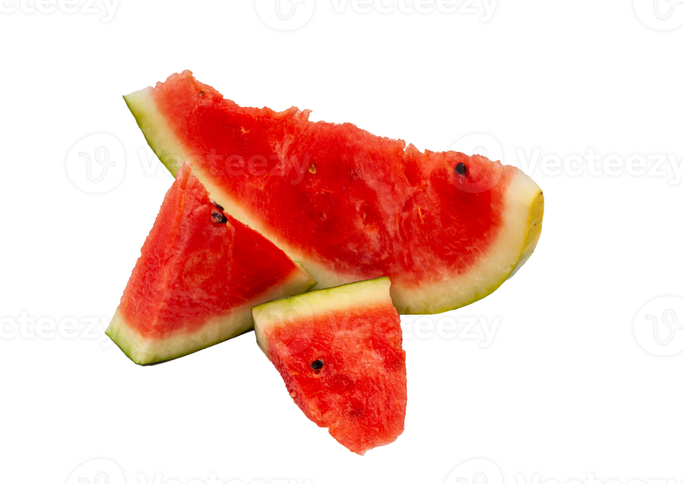 drie plakjes van rood rijp en zoet watermeloen van verschillend maten met zwart zaden en korst Aan Nee achtergrond. png