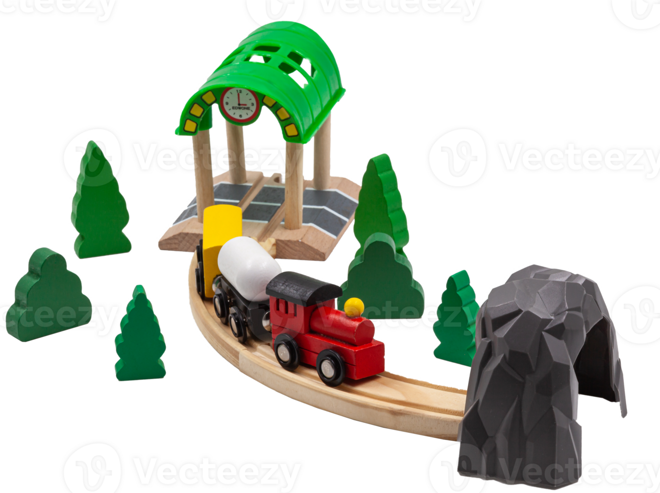 Children's toy train with two cars on a wooden railroad. Trees and green Christmas trees with tunnel and station complete the toy world. No background. High quality photo. png