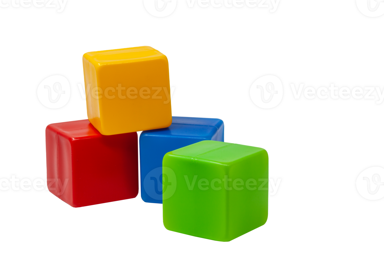 Multicolored plastic cubes for children's games. The yellow cube stands on top of the red and blue, the green one next to it. No background. One on one. High quality photo. png