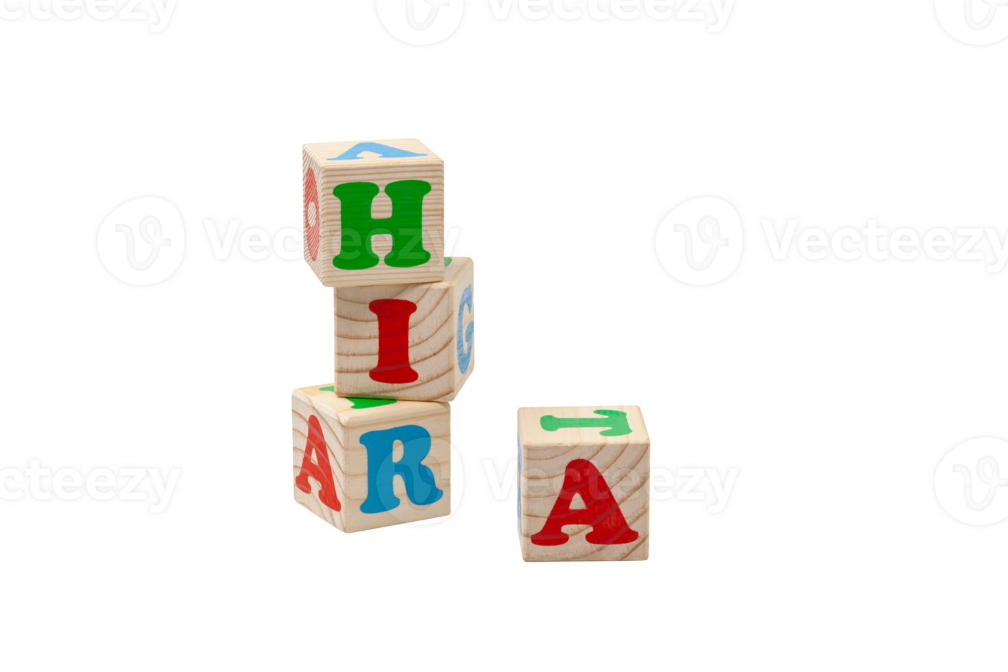 Children's wooden cubes with blue, red and green letters in the shape of a tower stand one on top of the other and lie side by side. For text. High quality photo. png