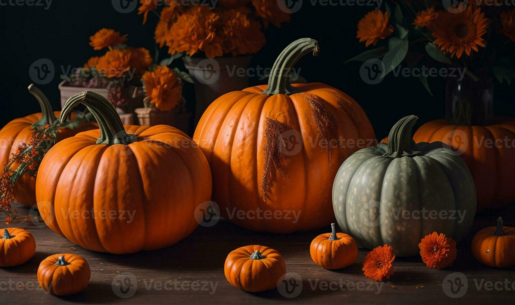 Photo pumpkins arrangement indoors AI Generative