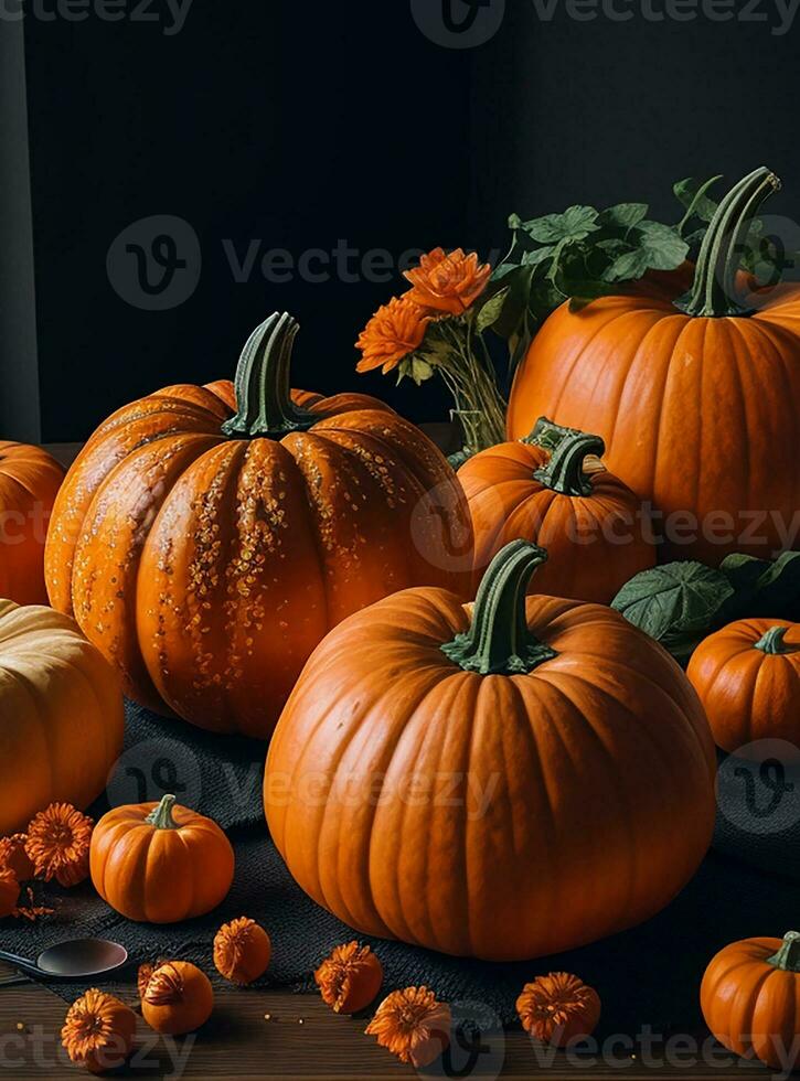 Photo pumpkins arrangement indoors AI Generative