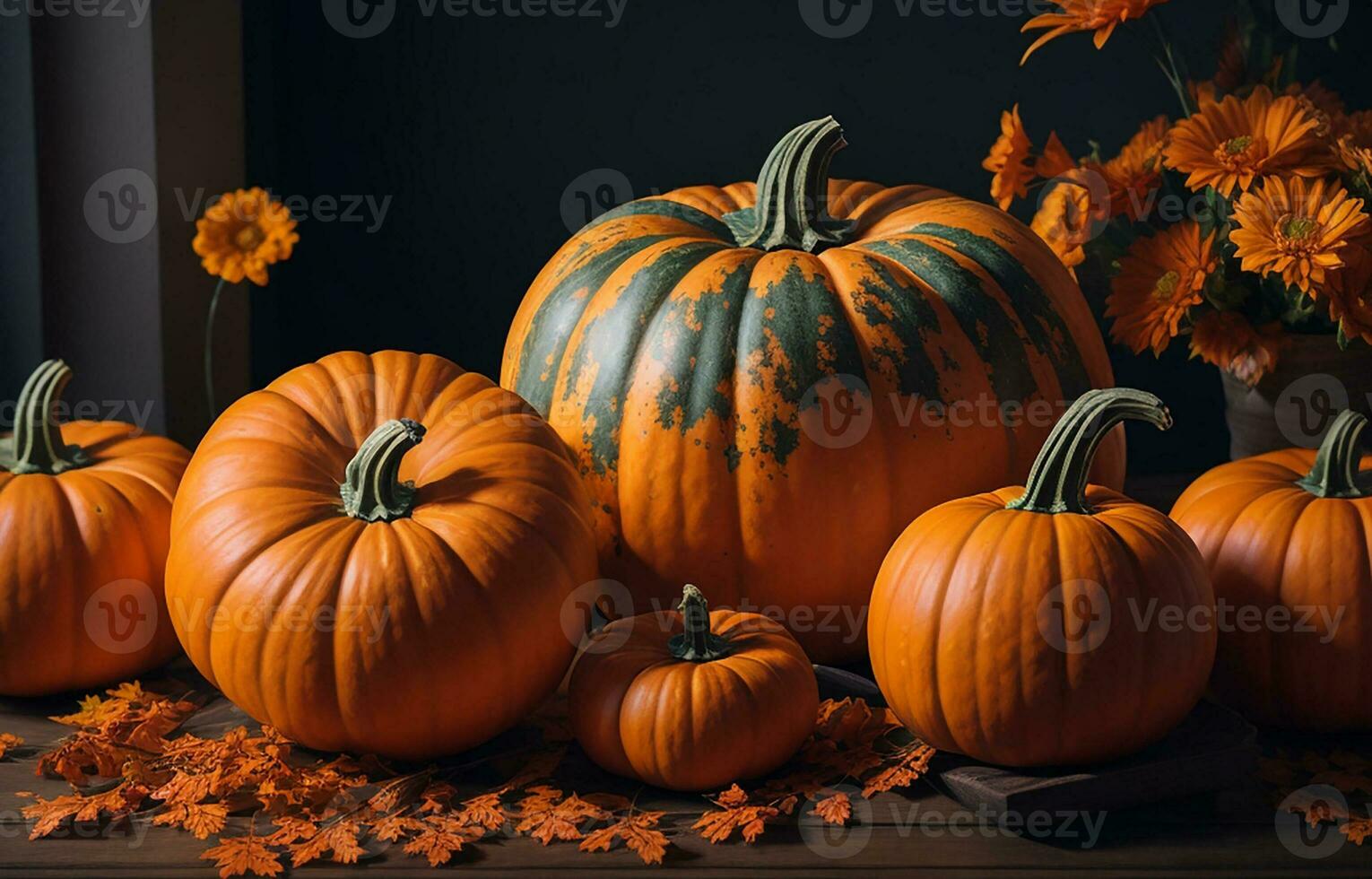 Photo pumpkins arrangement indoors AI Generative