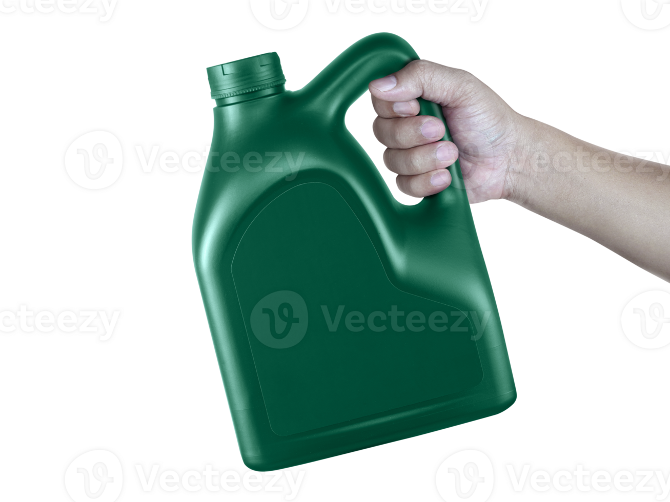 A canister with engine oil in a hand, transparent background png