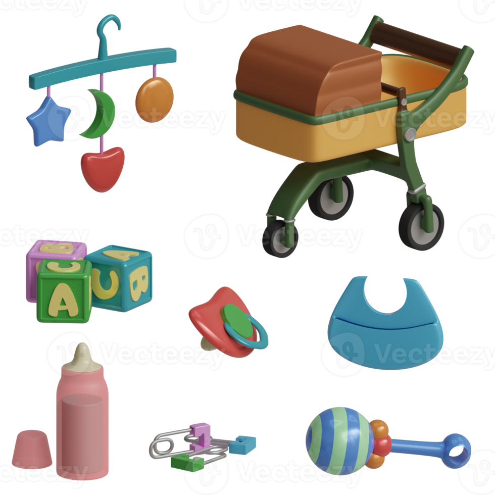 3d rendered set baby product includes stroller, toys, milk bottle, pacifier perfect for baby design project png