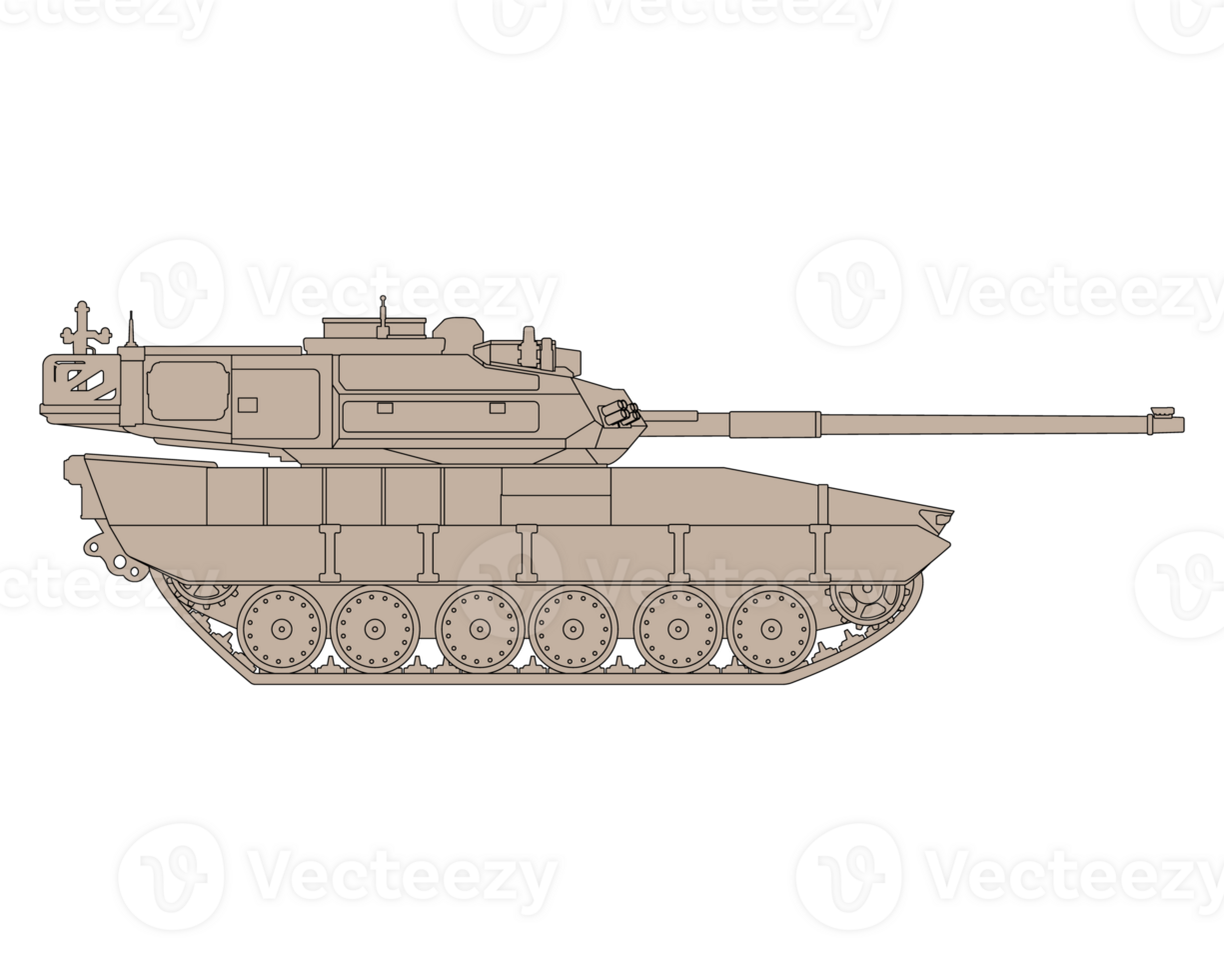 Main battle tank line cartoon. Armored fighting vehicle. Special combat military transport. Detailed colorful PNG illustration.