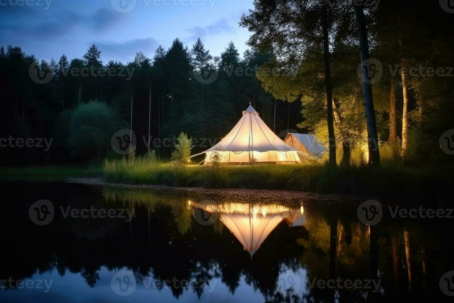 Stylish glamping tent nestled by a lake in a forest, Generative AI photo