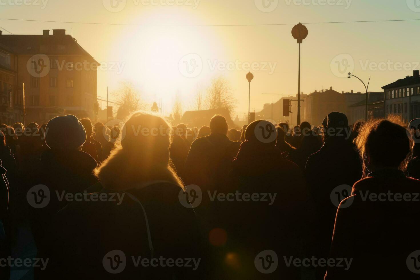 Crowd of people protesting together walking in the city, view from behind, Generative AI photo