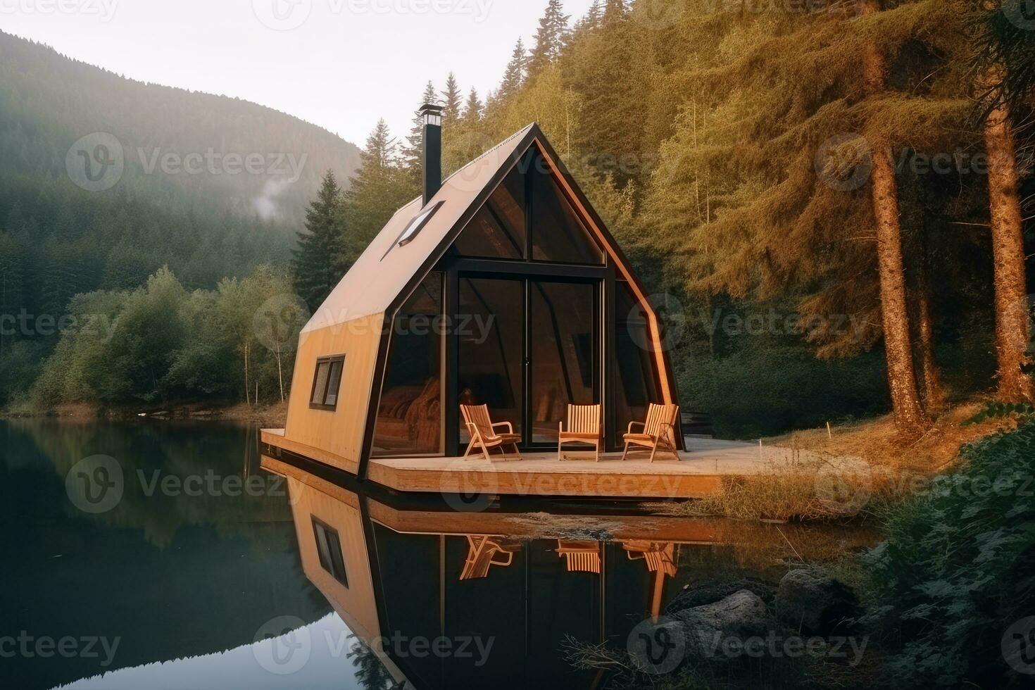 Stylish glamping tent nestled by a lake in a forest, Generative AI photo
