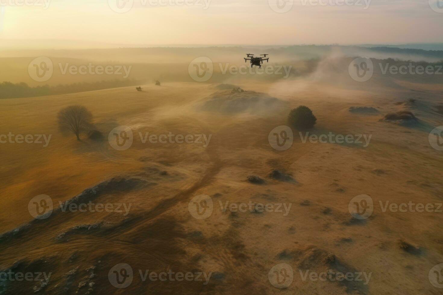 Drone UAV flying above bombarded battlefield, Ukraine Russia war, Generative AI photo