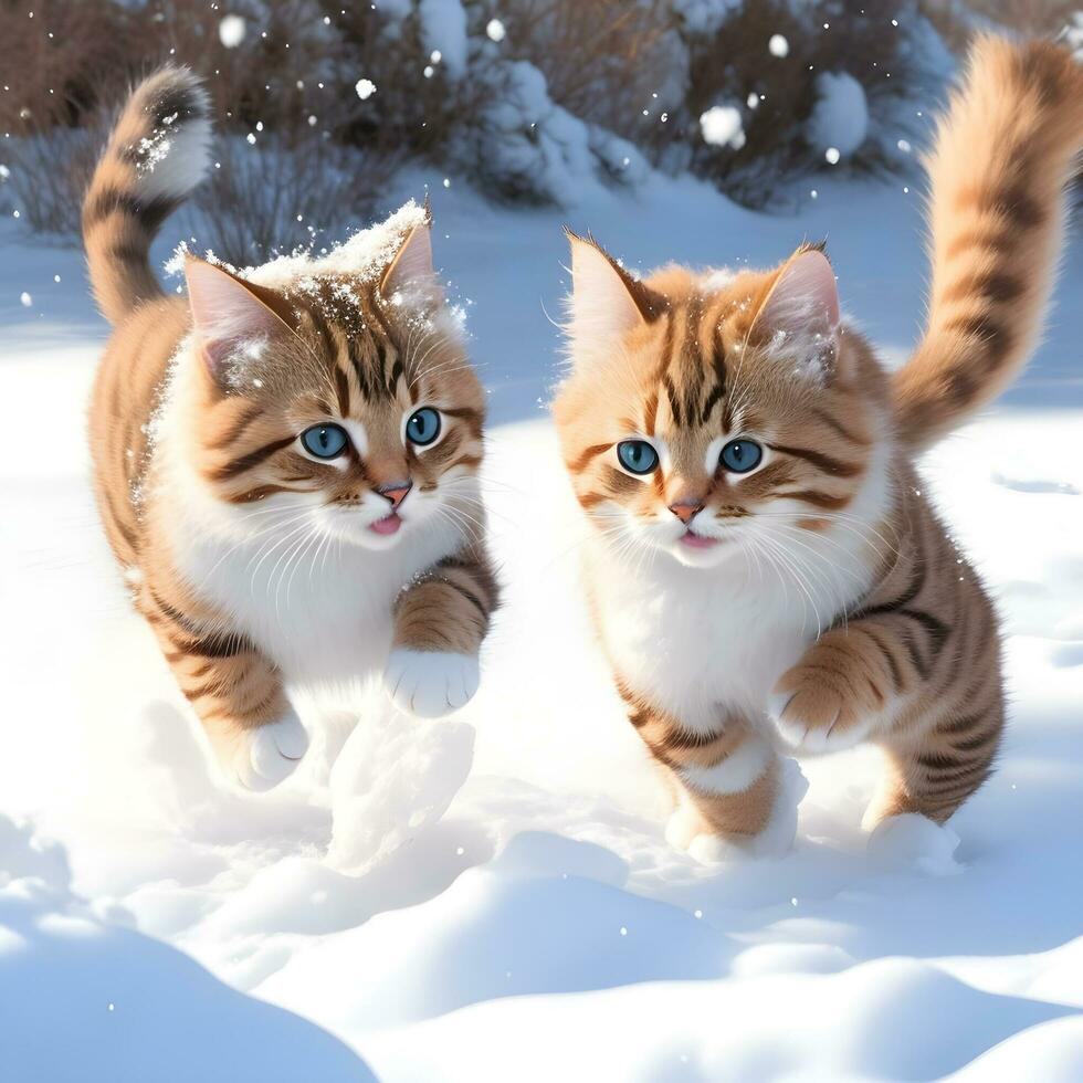 Beautiful two-cat white purebred cats play on a cube on a winter background. AI generated. photo