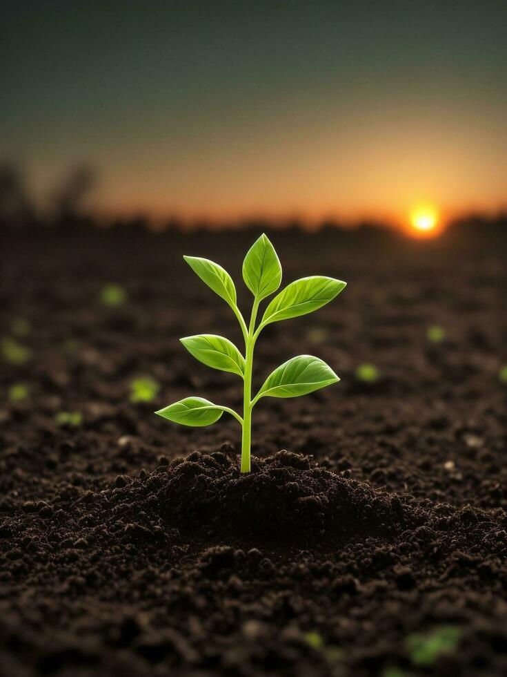 Green sprouts in dark soil against a blurred background symbolize growth and potential with the beautiful sunset. AI generated. photo