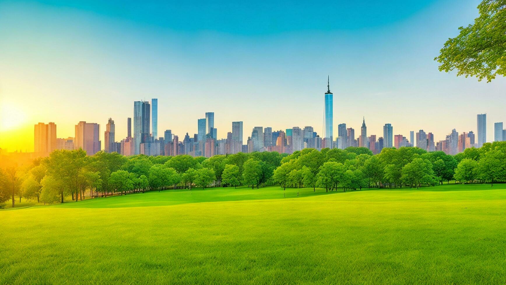 View of the green wood cemetery in Brooklyn with Manhattan City skyline beautiful sunset. AI generated. photo