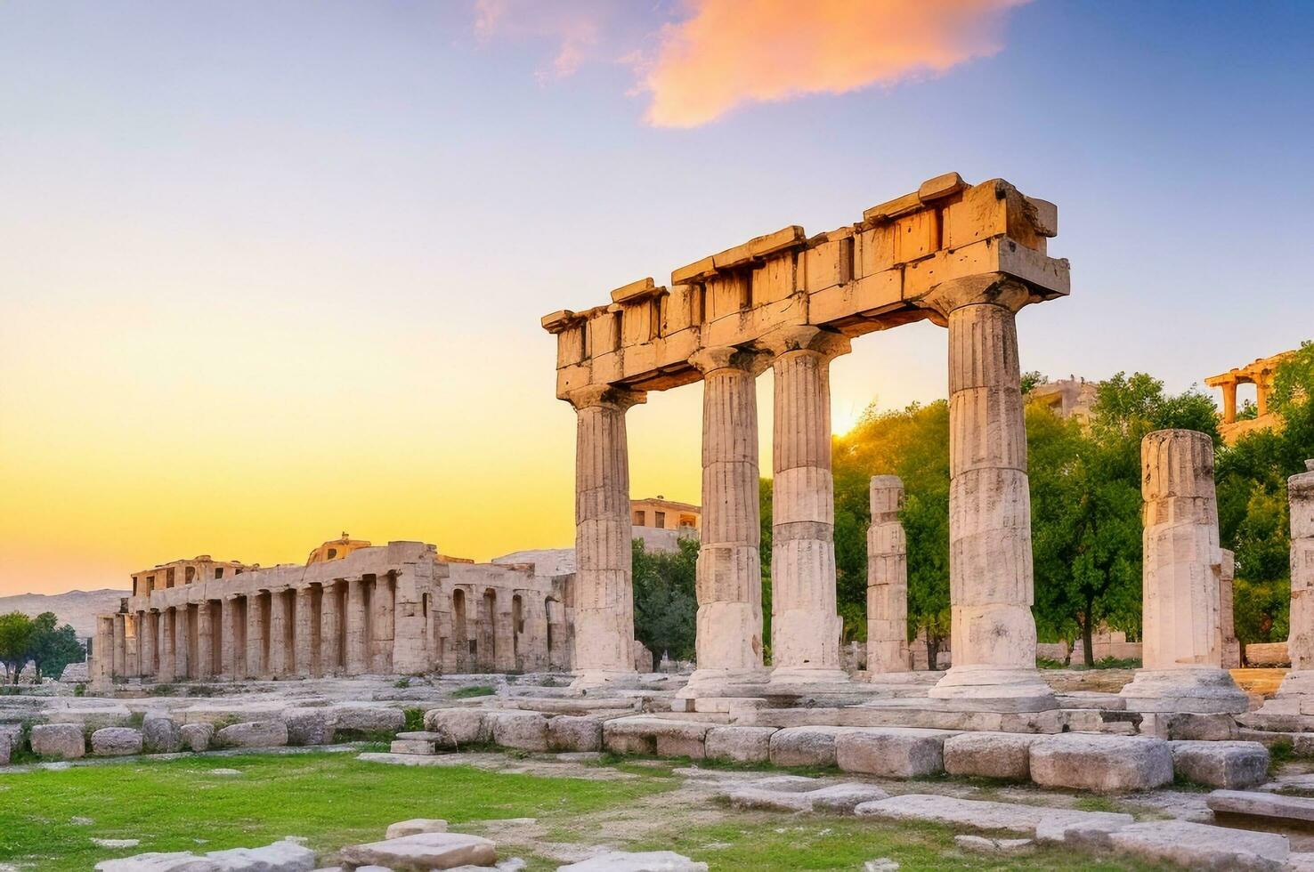 Ancient construction in Athens, Ancient Agora of Athens in Greece beautiful sunset. AI generated. photo