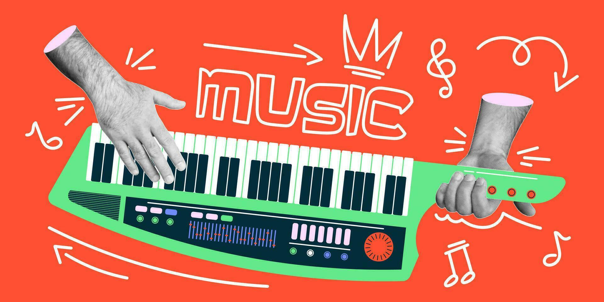 Synthesizer in retro collage style. Vector illustration with halftone effect and doodle elements. Colorful banner.