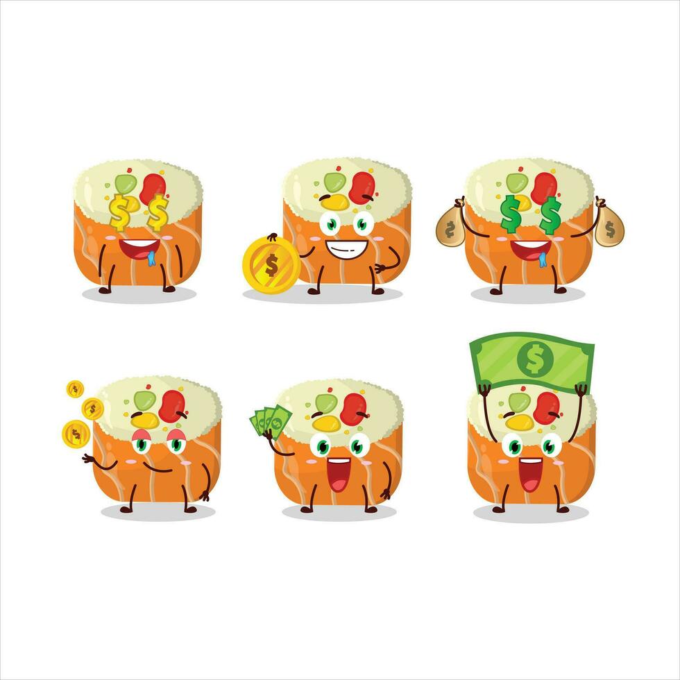 Norimaki sushi cartoon character with cute emoticon bring money vector