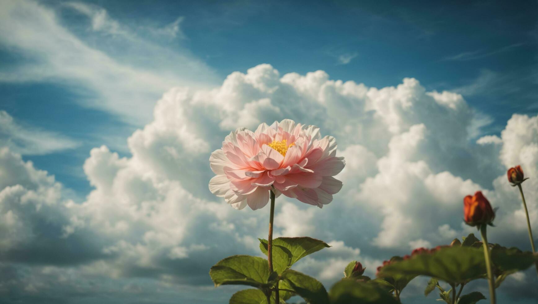 hermosa vistoso flores con azul cielo y nubes fondo, idílico prado. ai generativo foto