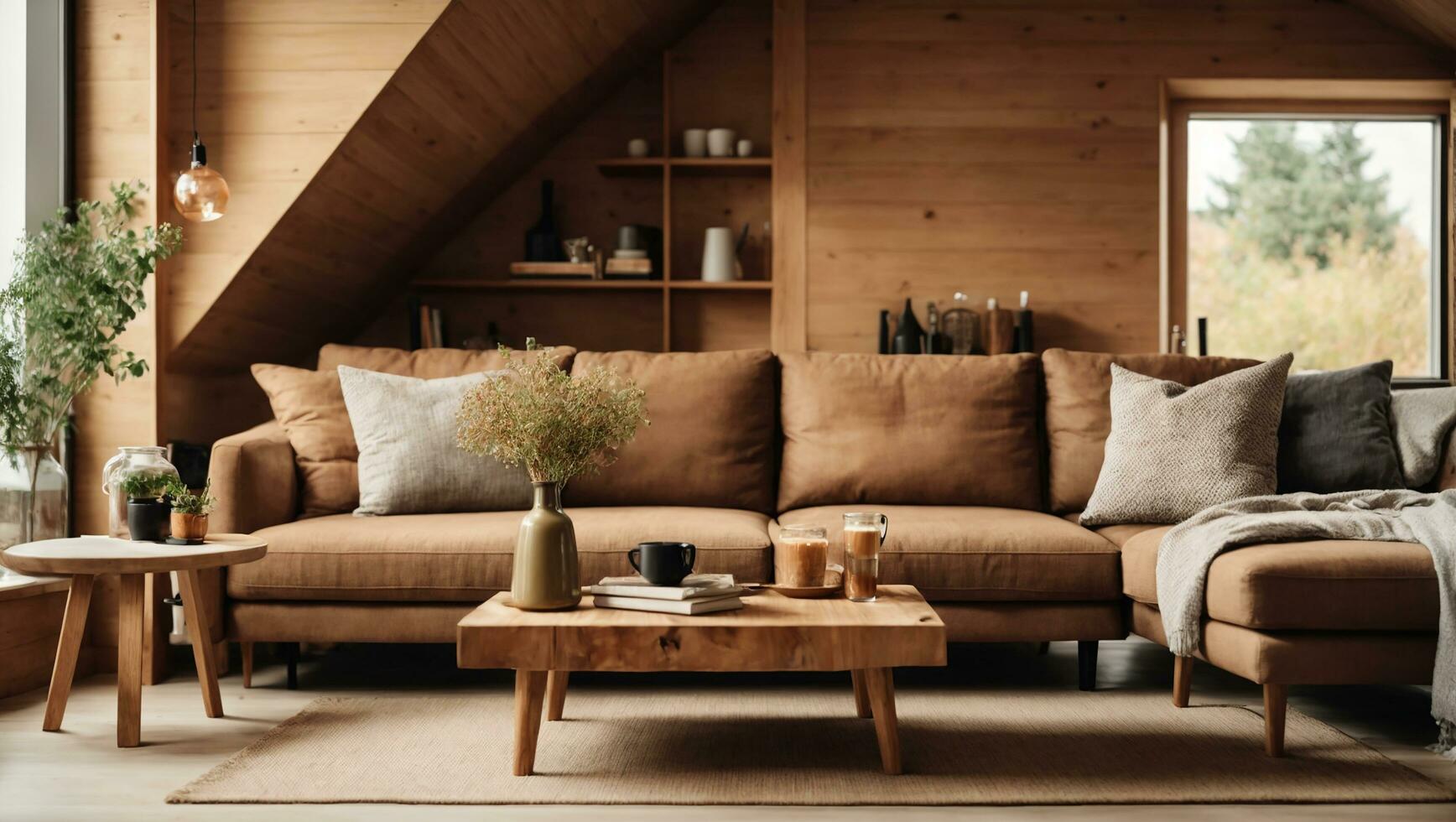 Attic scandinavian home interior design of modern living room. Corner sofa and rustic coffee table against wood lining wall with book shelves. AI Generative photo