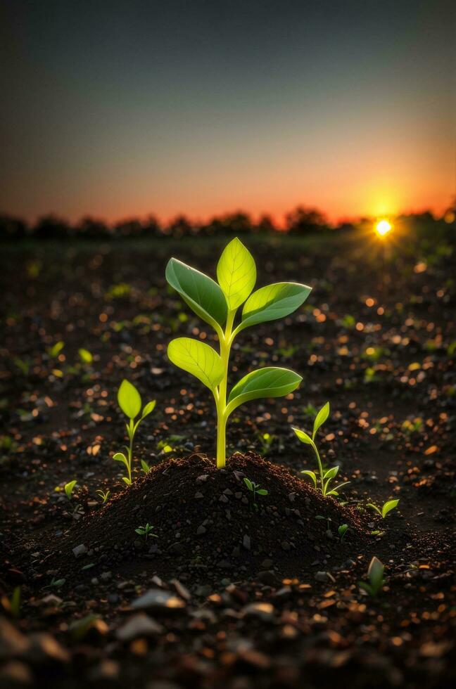 Green sprouts in dark soil against a blurred background symbolize growth and potential with the beautiful sunset. AI generated. photo
