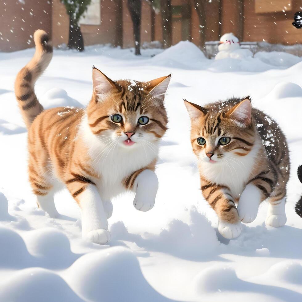 Beautiful two-cat white purebred cats play on a cube on a winter background. . photo
