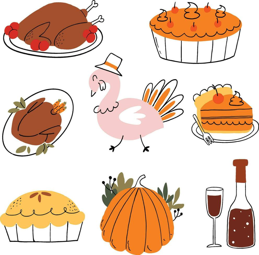 Set collection thanksgiving day food turkey, pumpkin, cake, cocktail with line art simple color vector illustration