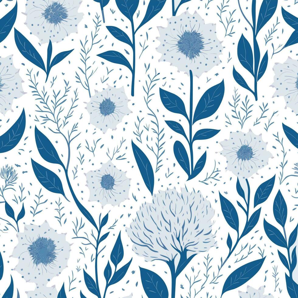 Seamless pattern with hand drawn flowers and leaves. Vector illustration.