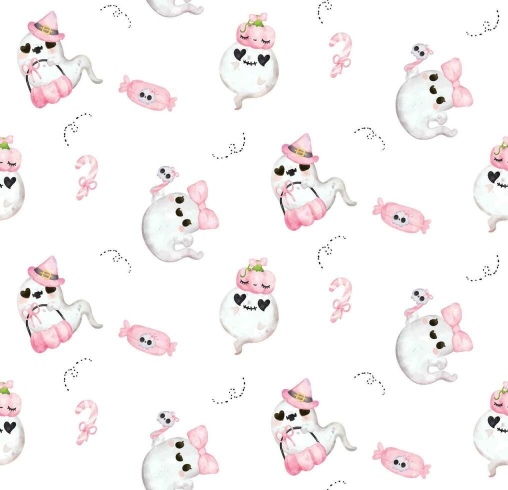 Cute Pink Halloween Ghost Watercolor Pattern Seamless Background vector
