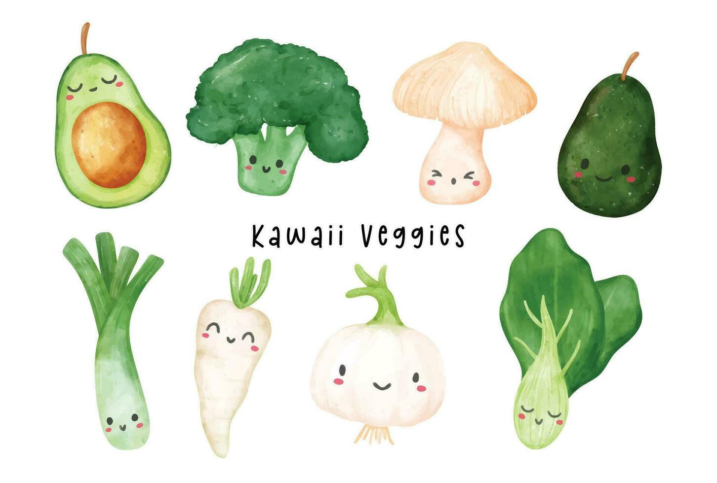 Cute Watercolor Kawaii Vegetable Character Collection vector