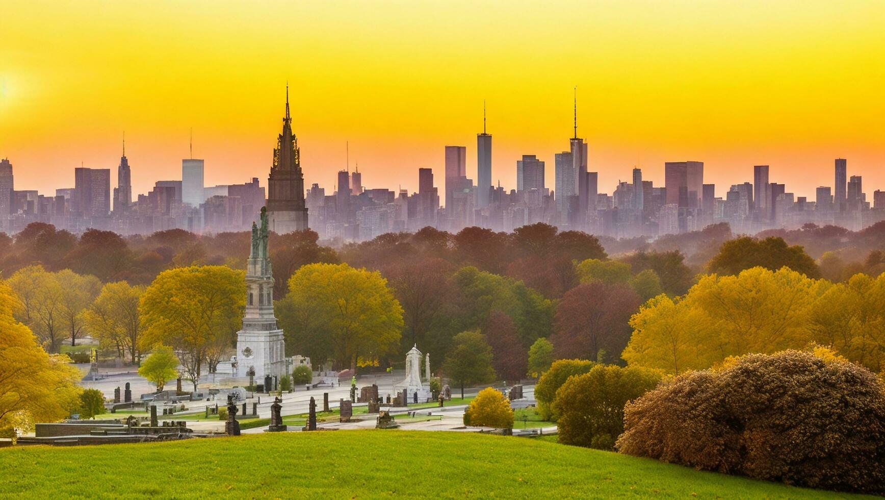 View of the green wood cemetery in Brooklyn with Manhattan City skyline beautiful sunset. AI generated. photo